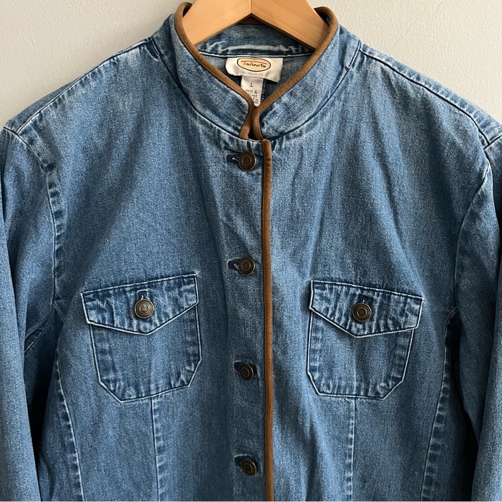Talbots Vintage Denim Jacket Layering Top Size L Suede Trim Equestrian Western - Picture 2 of 7